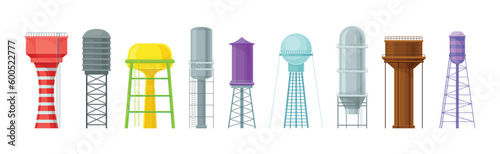 Elevated Water Tower or Tank Made of Metal for Storing Water Vector Set
