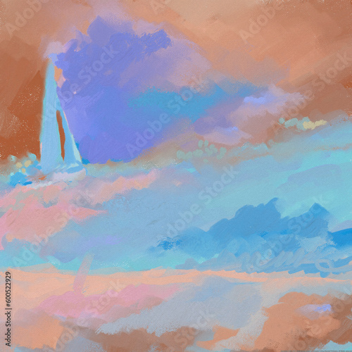 Canvas Print Vibrant, Impressionistic Sunset OR Sunrise Sailboat - Purple, Lavender, Blue, Pi