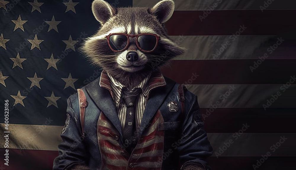 Whimsical Raccoon out fit American flag celebrating 4th of July celebration in a stylish,generative ai. Whimsical Raccoon out fit American flag celebrating 4th of July celebration in a stylish,generative ai.