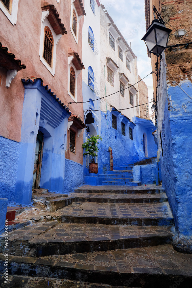 Travel by Morocco. Street in medina of blue town Chefchaouen.