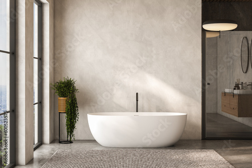 Stylish white bathtub on concrete floor with back faucet in bright bathroom, beige and white wall background. 3d Rendering