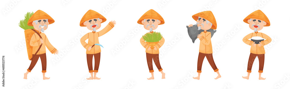 Asian Man Farmer in Straw Conical Hat Planting Rice Grass Vector Set Asian Man Farmer in Straw Conical Hat Planting Rice Grass Vector Set