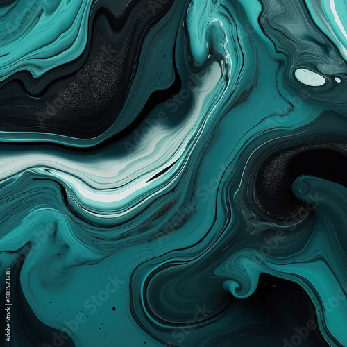 Abstract beautiful teal and black background with smooth flowing liquid, Generative AI