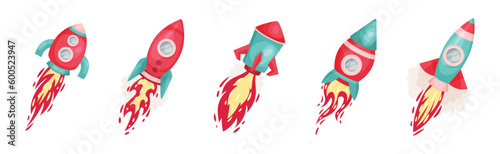 Bright Space Rocket with Reactive Booster Vector Set