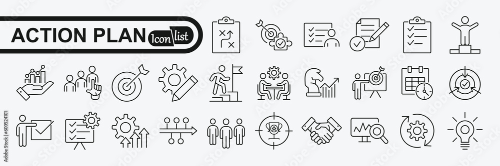 Action plan icon set. Containing planning, schedule, strategy, analysis, tasks, goal, collaboration and objective icons. Solid icon collection.