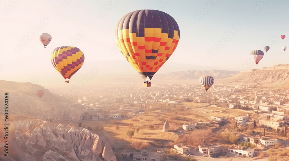 Obraz premium Colorful hot air balloons flying over Cappadocia. Generative Ai
