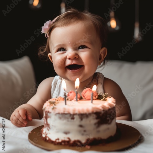 A cute baby celebrating his birthday infront of a birthday cake ai, ai generative, illustration