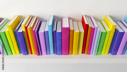 shelf with multicolored books, 3d render