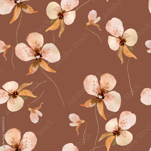 Fototapeta Naklejka Na Ścianę i Meble -  Watercolor dried orchid floral seamless pattern. Blooming beige tile. Hand drawn delicate,  
botanical background. Repeatable boho texture, wrapping paper, wallpaper, fabric, paper, textile
