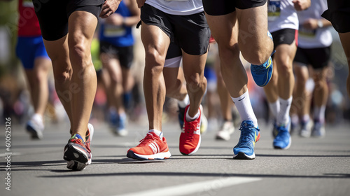 Close up of a Group of Men Runners Legs in a Road Race. Generative Ai © Putra
