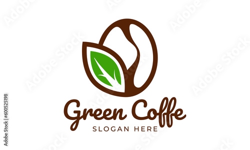 Coffee bean with green leaf. Organic coffee logo vector design