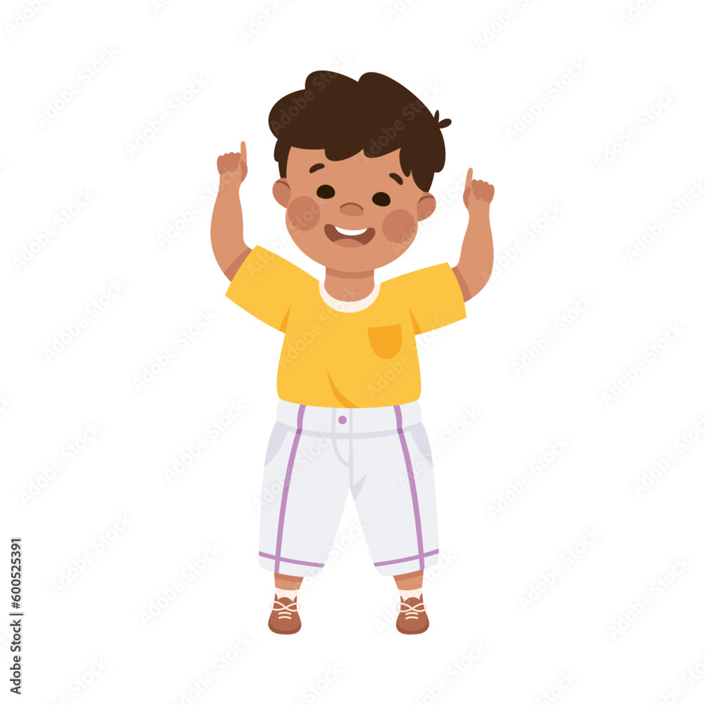 Smiling Boy Character Pointing at Something with His Finger Vector Illustration Smiling Boy Character Pointing at Something with His Finger Vector Illustration