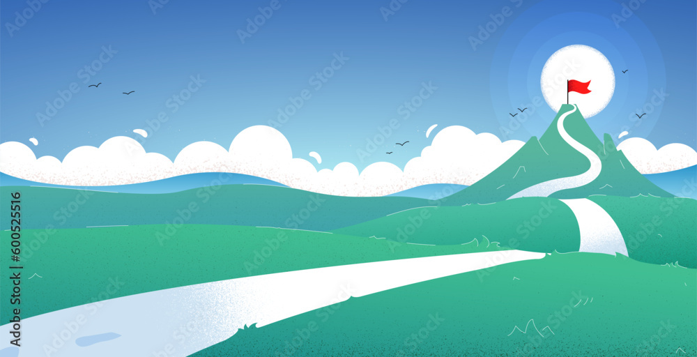 Vector illustration of a mountain landscape and a winding road. A mountain with a flag on top symbolizes the problems and obstacles that must be overcome in order to achieve one's goals. Vector illustration of a mountain landscape and a winding road. A mountain with a flag on top symbolizes the problems and obstacles that must be overcome in order to achieve one's goals.