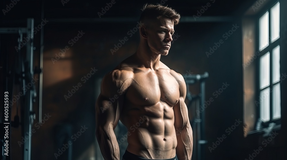 A muscular gym man posing for the camera, six pack, shirtless ai, ai generative, illustration