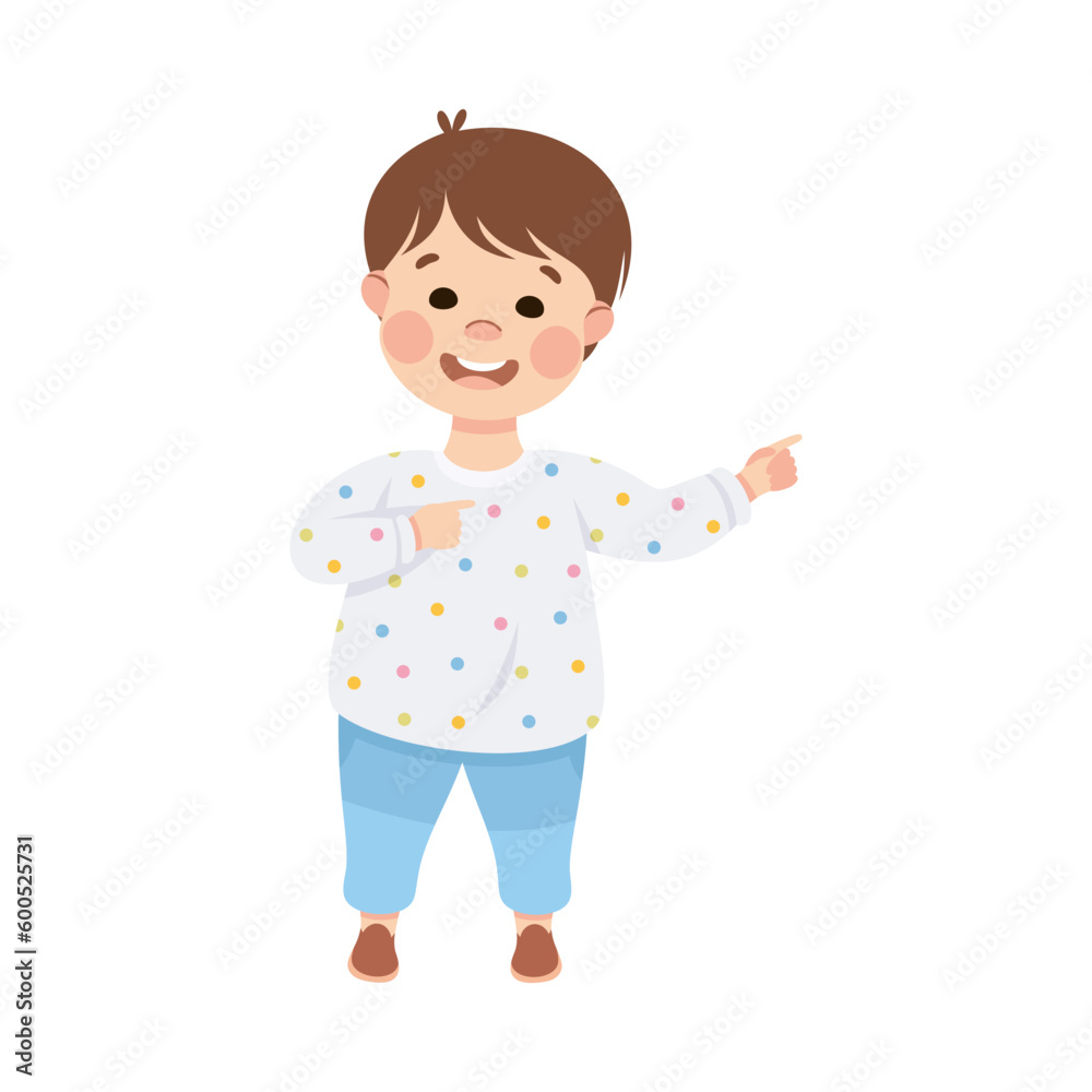 Smiling Boy Character Pointing at Something with His Finger Vector Illustration Smiling Boy Character Pointing at Something with His Finger Vector Illustration