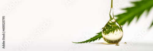 Cannabis extract oil drop and hemp leaf on white banner. Generative AI illustration photo