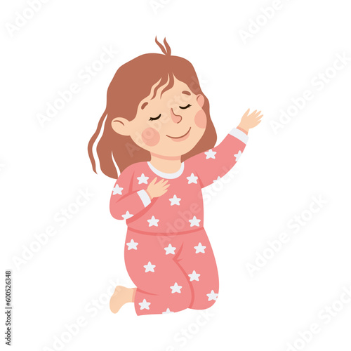 Little Girl Praying Sitting on the Floor with Bended Knees Vector Illustration
