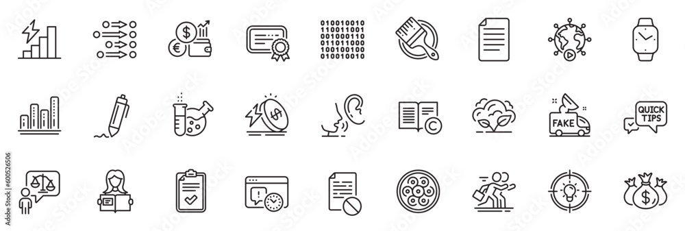 Icons pack as Project deadline, Certificate and Fake news line icons for app include Currency rate, Chemistry lab, Ð¡ompetition outline thin icon web set. Check investment, Signature. Vector
