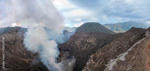Dramatic view inside the crater and active caldera of Mount Bromo (Gunung Bromo) an active somma volcano, Bromo Tengger Semeru National Park, East Java, Indonesia.