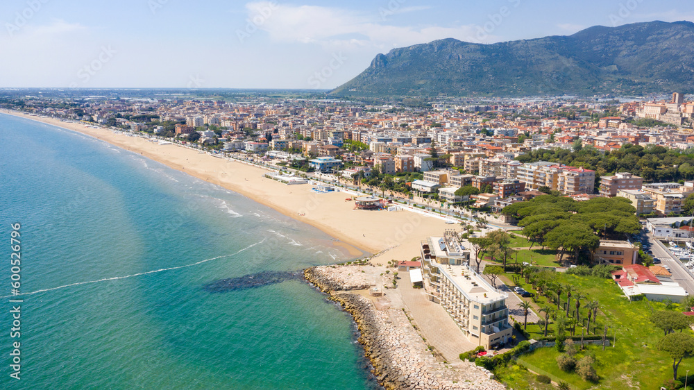 Aerial view of the seafront of Terracina, in the Province of Latina, Italy.