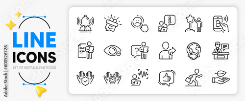 Refer friend, Global business and Safe time line icons set for app include Insurance hand, Businessman run, Job interview outline thin icon. Myopia, Exhibitors, Star pictogram icon. Vector