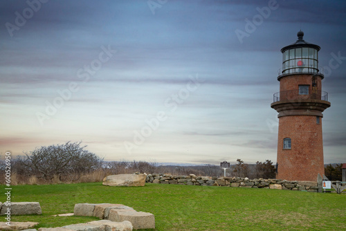 Gay Head lighthouse in Massachusetts against a calm, subtle sky 