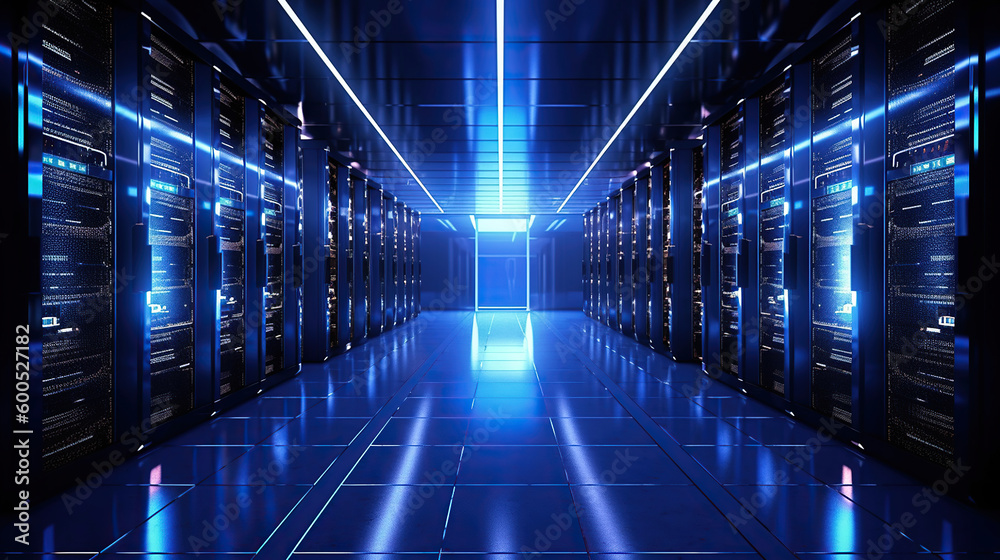 dark blue servers data center room and storage systems. Generative Ai dark blue servers data center room and storage systems. Generative Ai