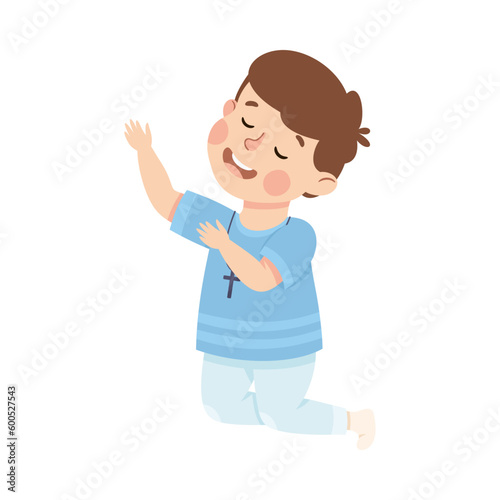 Little Boy Praying Sitting on the Floor On His Knees Vector Illustration