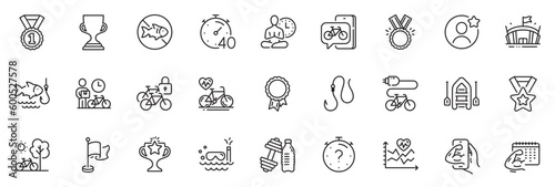 Icons pack as Dumbbell, Award cup and Timer line icons for app include Quiz, Winner ribbon, Fitness calendar outline thin icon web set. Success, Bicycle lockers, Boat pictogram. Fitness. Vector