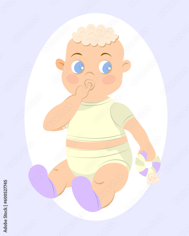 A baby sitting with toy. A little kid for baby shower card 