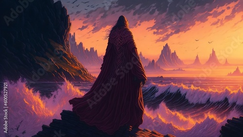 A lone figure stands atop a cliff overlooking a raging sea, with a fiery orange and pink sunset painting the sky in the background