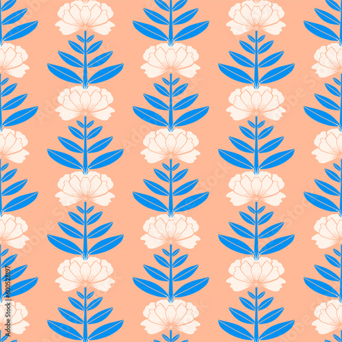 Floral seamless pattern design. Hand drawn peonies flowers on coral background. Ornate vector florals for stationery, textile design.