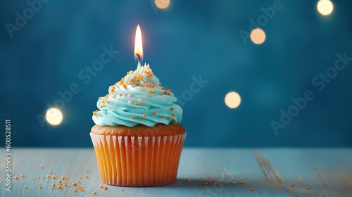 cupcake lit up with a candle against a blue background. Generative Ai