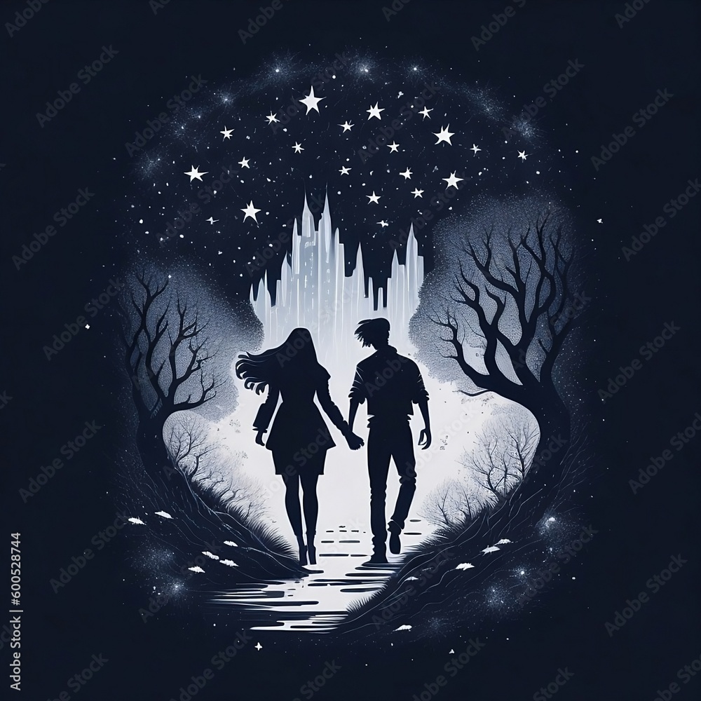 Obraz premium Valentine's day,A silhouette of a couple walking, hi-res,romance,love,generative ai