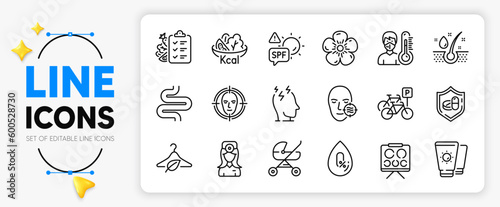 Spf protection, Slow fashion and Diet menu line icons set for app include Oculist doctor, No alcohol, Serum oil outline thin icon. Natural linen, Stress, Sunscreen pictogram icon. Vector