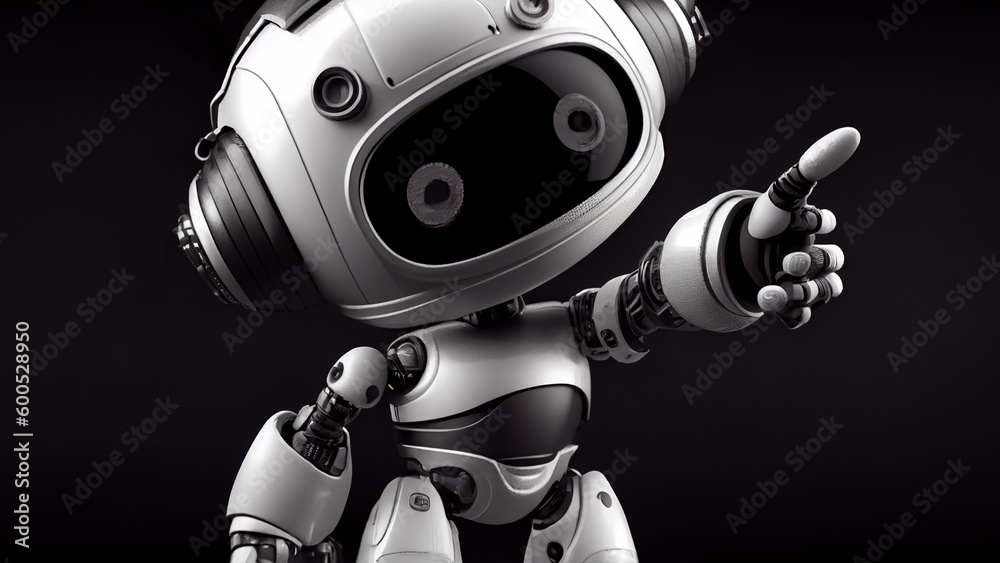 Portrait of a robot intently pointing at something with his hand, on an isolated dark background. Generative AI Portrait of a robot intently pointing at something with his hand, on an isolated dark background. Generative AI