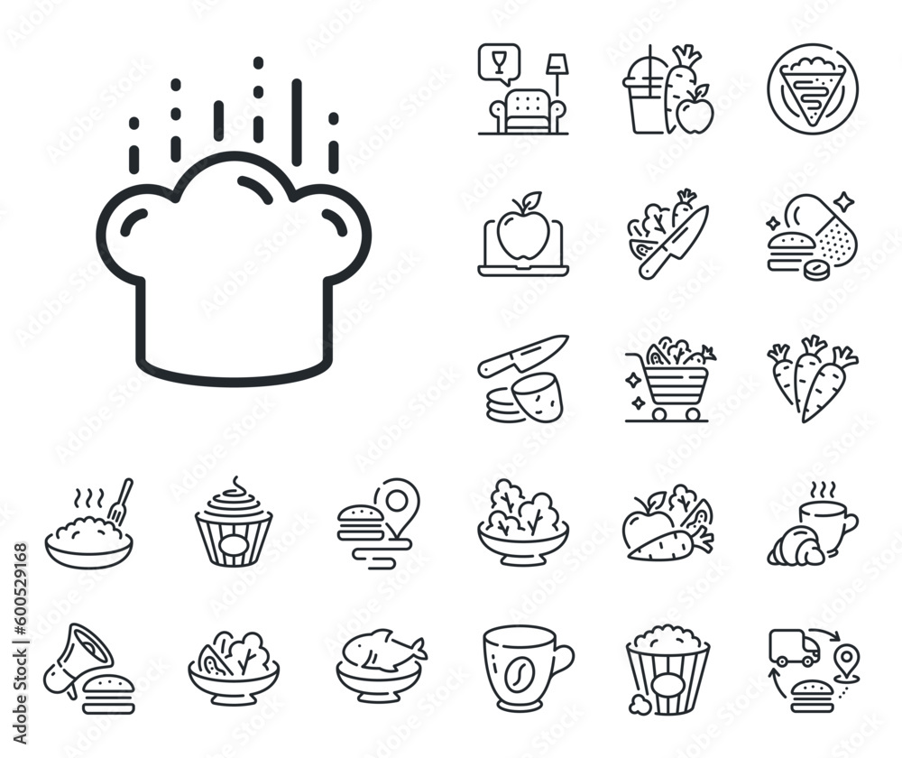 Chef sign. Crepe, sweet popcorn and salad outline icons. Cooking hat line icon. Food preparation symbol. Cooking hat line sign. Pasta spaghetti, fresh juice icon. Supply chain. Vector