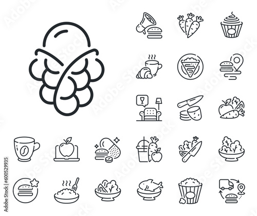 Vanilla sundae cone sign. Crepe, sweet popcorn and salad outline icons. Ice cream bubble waffle line icon. Frozen summer dessert symbol. Ice cream line sign. Pasta spaghetti, fresh juice icon. Vector