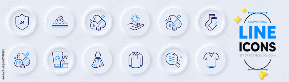 Cobalamin vitamin, Hoody and Skin care line icons for web app. Pack of T-shirt, Dress, Socks pictogram icons. Niacin, 24 hours, Sun protection signs. Skin condition, Vitamin e, Sunscreen. Vector