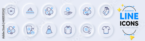 Cobalamin vitamin, Hoody and Skin care line icons for web app. Pack of T-shirt, Dress, Socks pictogram icons. Niacin, 24 hours, Sun protection signs. Skin condition, Vitamin e, Sunscreen. Vector