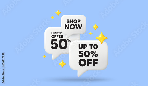 Up to 50 percent off sale. 3d offer chat speech bubbles. Discount offer price sign. Special offer symbol. Save 50 percentages. Discount tag speech bubble 3d message. Talk box stars banner. Vector