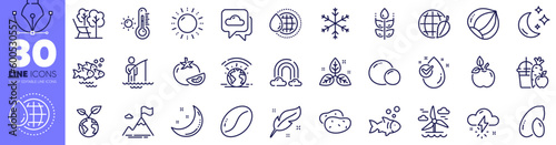 Mountain flag, Peas and Juice line icons pack. Potato, Eco food, Moon web icon. Environment day, Windmill, Weather thermometer pictogram. Fish, Moon stars, Sun energy. World water. Vector