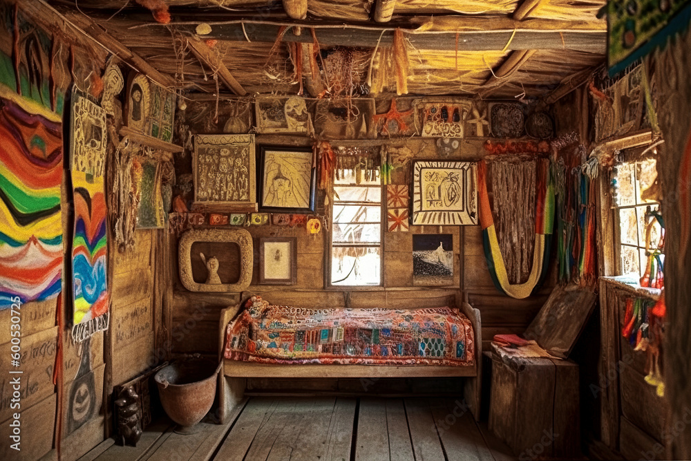 Richly Decorated Interior of an Outsider Artist's Small Wooden House - generative AI