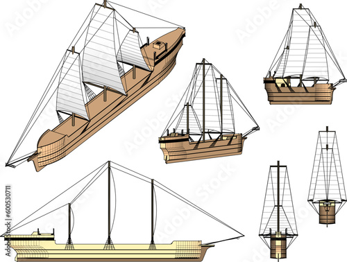 Wooden sailing ship cartoon illustration vector sketch