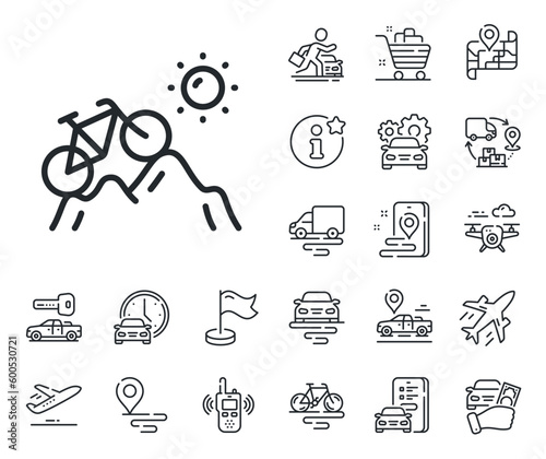 Outdoor bicycle transport sign. Plane, supply chain and place location outline icons. Mountain bike line icon. Sport activity symbol. Mountain bike line sign. Taxi transport, rent a bike icon. Vector