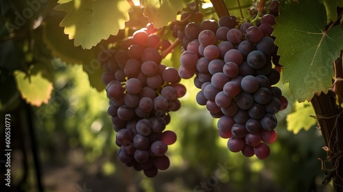 a bunch of grapes hanging from a vine in a vineyard Generative AI