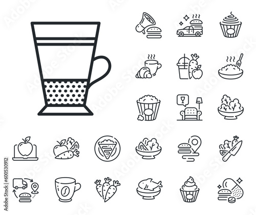 Hot drink sign. Crepe, sweet popcorn and salad outline icons. Double Latte coffee icon. Beverage symbol. Double Latte line sign. Pasta spaghetti, fresh juice icon. Supply chain. Vector