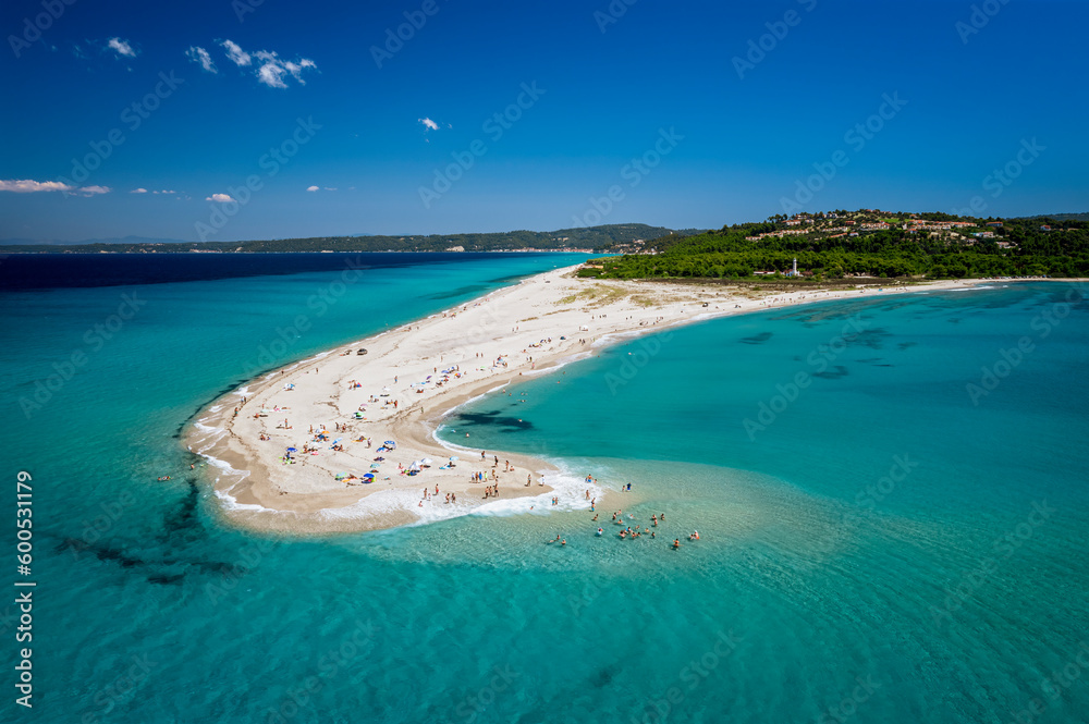 Obraz premium Drone (aerial) view of beautiful beach on Possidi Cape on Kassandra peninsula, Halkidiki (Chalkidiki), Greece