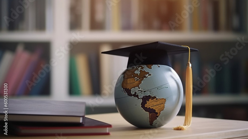 Graduation cap with Earth globe. Concept of global business study, abroad educational, Back to School. Education in Global world, Study abroad business in universities in worldwide. photo