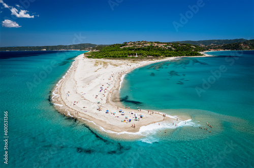 Drone (aerial) view of beautiful beach on Possidi Cape on Kassandra peninsula, Halkidiki (Chalkidiki), Greece